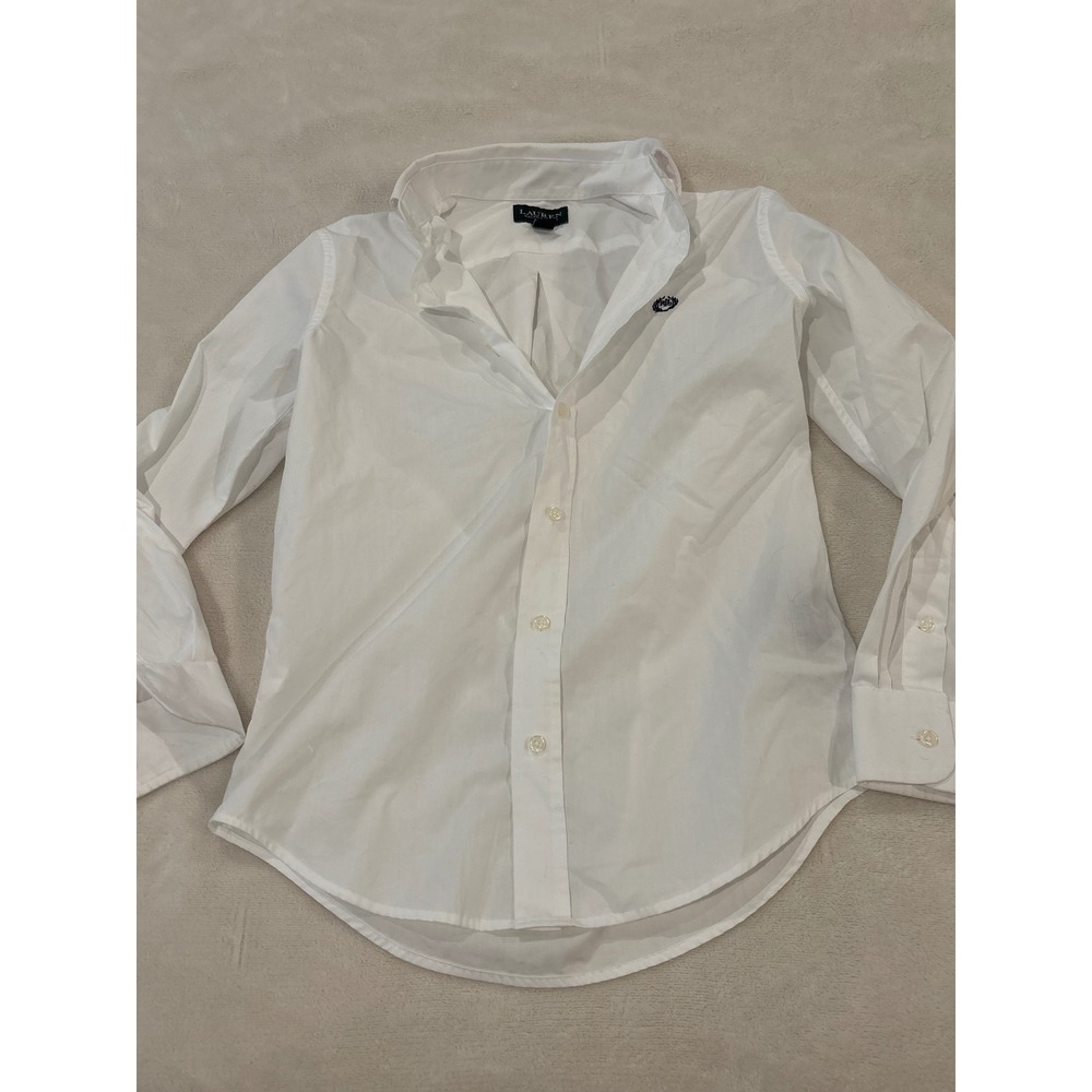 Lauren Ralph Lauren White Button Down Shirt Crest Logo Long Sleeve Size 12